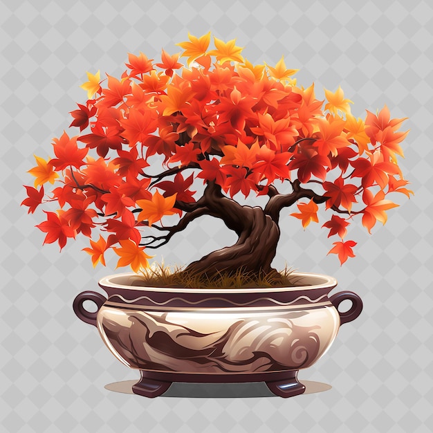 PSD bonsai d'érable png pot de porcelaine palmeraie feuilles de feuillage d'automne con décor d'arbres divers transparents