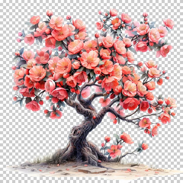 PSD bonsai de tulipes à cendres avec des fleurs roses isolées sur un fond transparent