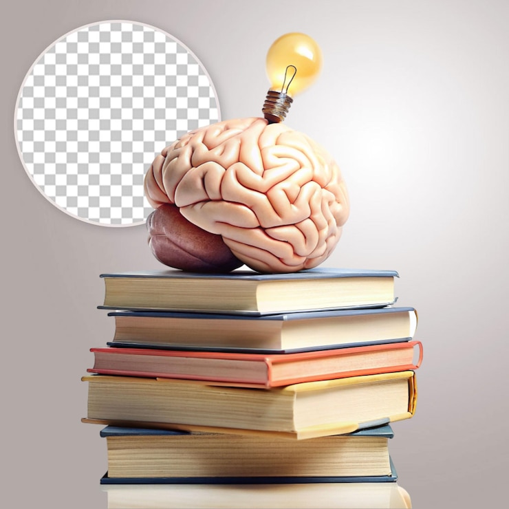 PSD books with brain filled with the light on transparent background