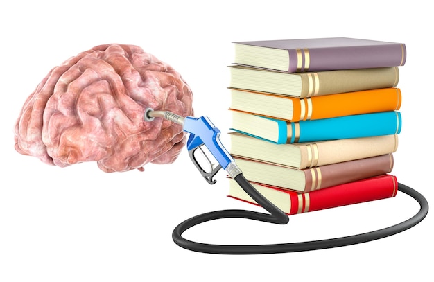 Books with gasoline pump nozzle refueling of human brain Books as fuel for brain concept 3D rendering isolated on transparent background