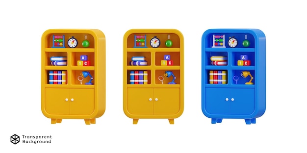 bookshelf icon with book clock chemical flask and table lamp icon set 3d render
