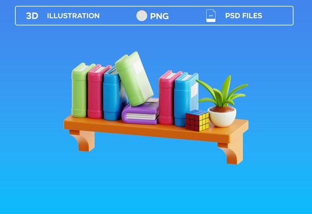 Bookshelves and decorations 3D icon render
