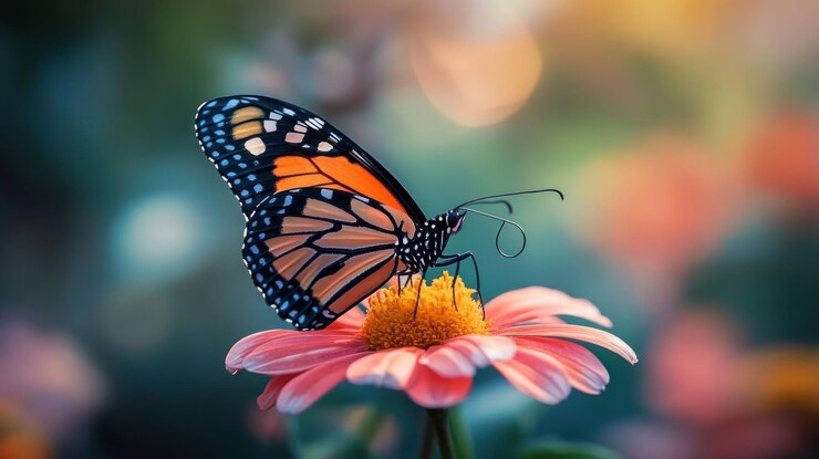 PSD borboleta monarca em uma flor rosa em um jardim
