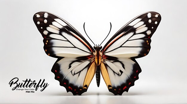 PSD borboletas coloridas psd com asas transparentes brilhantes sentadas em fundo branco