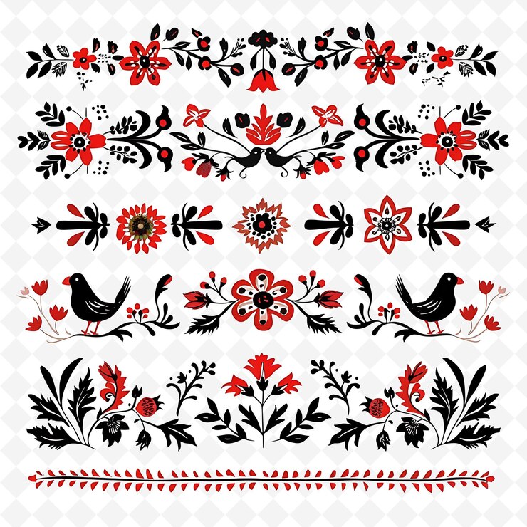 PSD bordado folclórico con motivos florales y animales borderlines de png diseños únicos de motivos estilizados