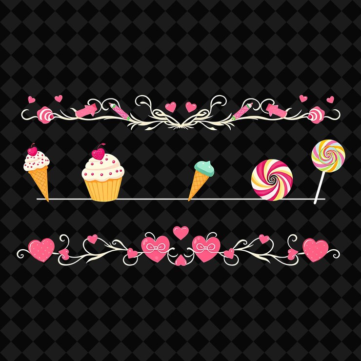 PSD bordas decorativas cupcakes cones de sorvete pirulitos cores de doces brilhantes desenhistas e borbulhantes s