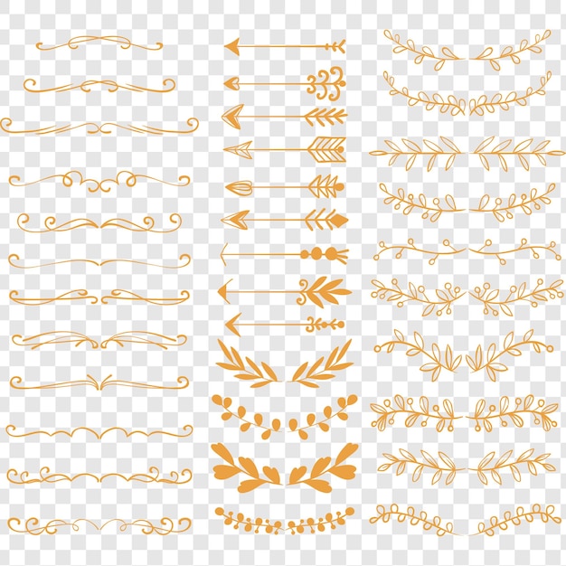 Bordas decorativas de ouro elegantes bordas de setas e florais isoladas em fundo transparente