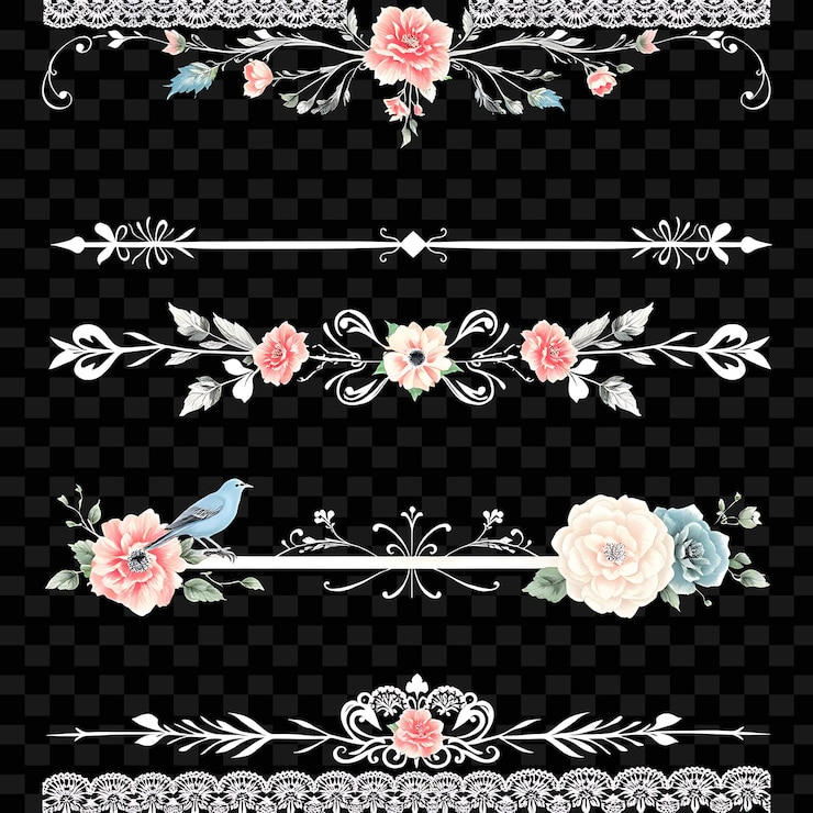PSD bordas decorativas penas de pássaros e flores macio pastel azul e rosa estilo shabby chic distre