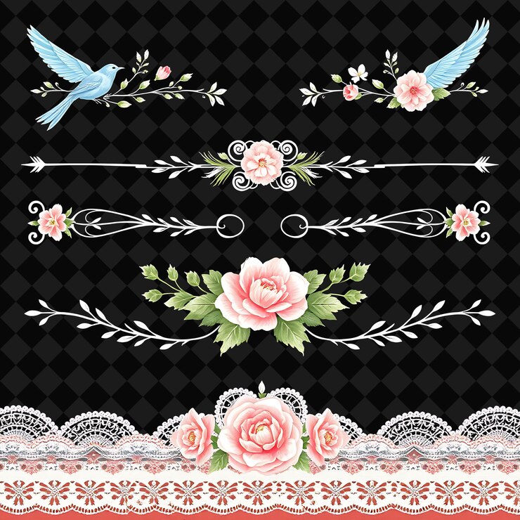 PSD bordas decorativas penas de pássaros e flores macio pastel azul e rosa estilo shabby chic distre