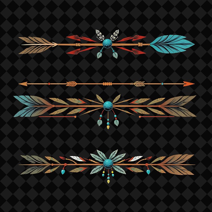 PSD bordas decorativas penas flechas e contas tons de terra com turquesa silenciada estilo boêmio ec