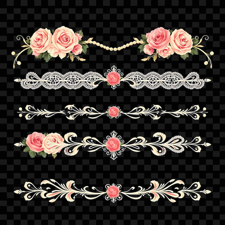 PSD bordas decorativas rosas pérolas renda rosa macia e cremes romântico estilo vintage ornamento delicado