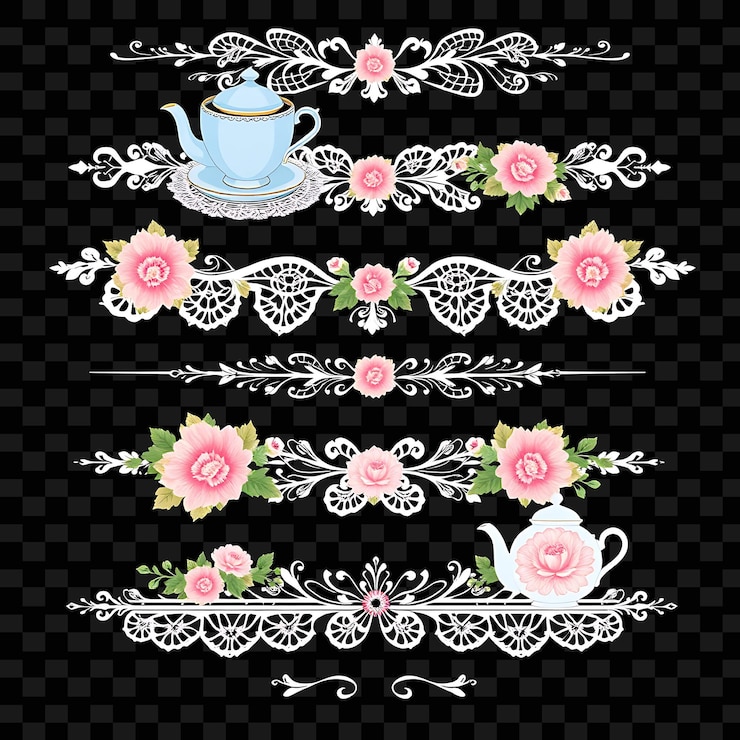 PSD bordas decorativas xícaras de chá chaleiras e flores macio pastel azul e rosa estilo de festa de chá vintage