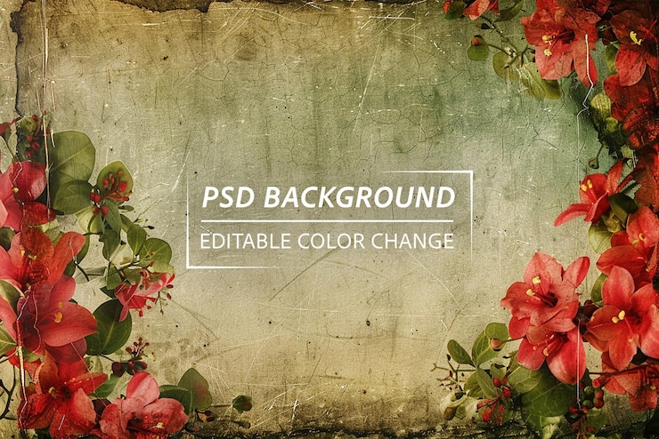 PSD borde de flor grunge con espacio en blanco en el medio