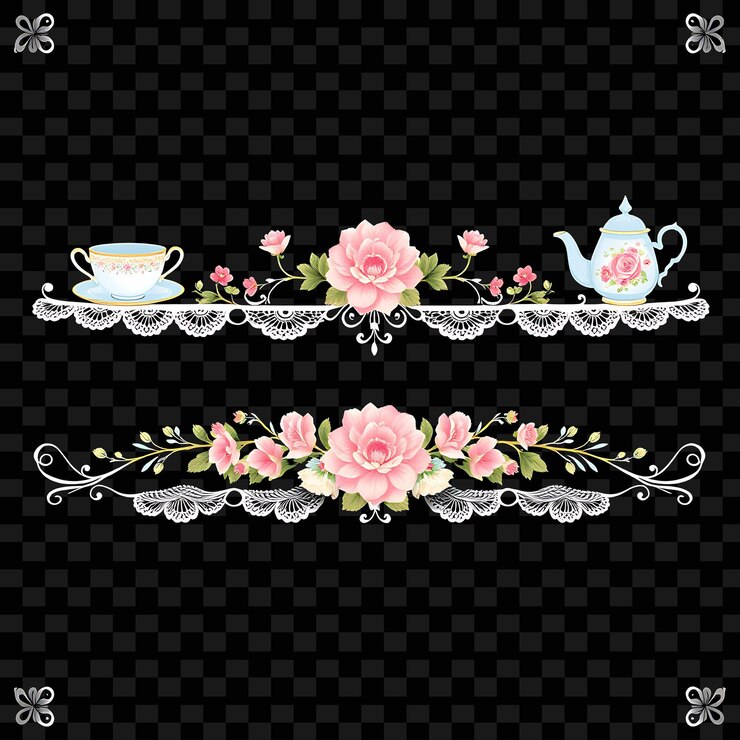 PSD bordeas decorativas tazas de té teteras y flores suave pastel azul y rosa estilo vintage de fiesta de té