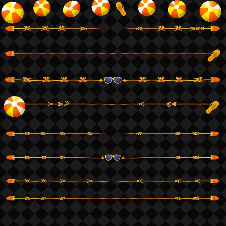 PSD borders decorativos bolas de playa flip flops y gafas de sol naranjas y amarillos brillantes inspirados en s