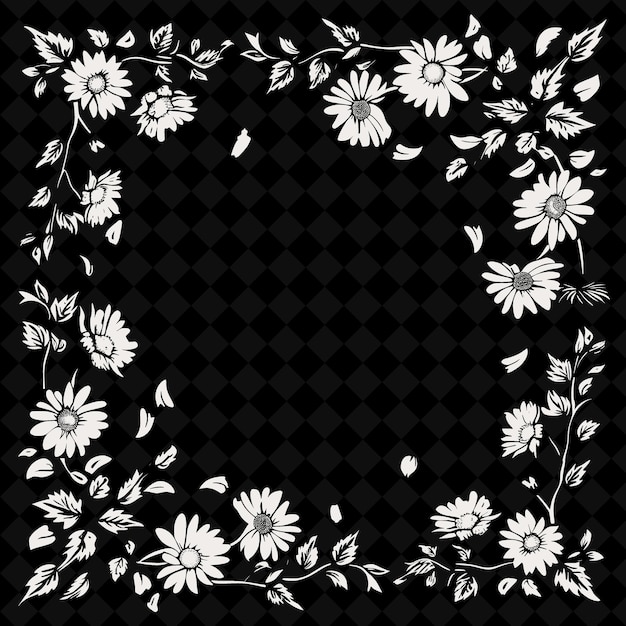 PSD une bordure florale noire et blanche avec des marguerites sur un fond noir