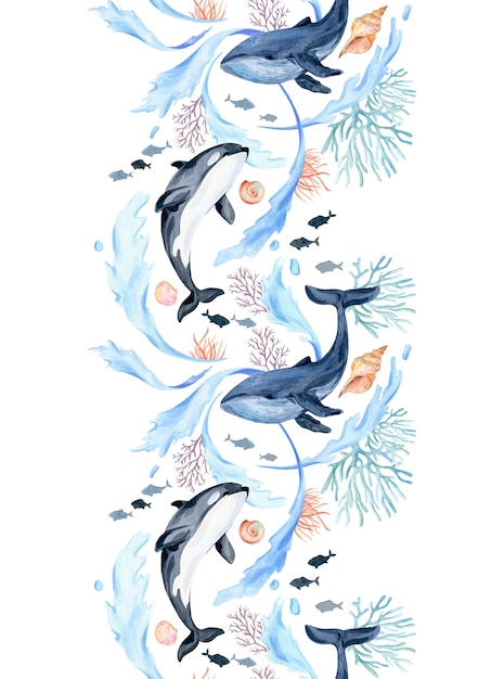 Bordure homogène d'aquarelle d'éléments marins avec des vagues d'orques et d'algues