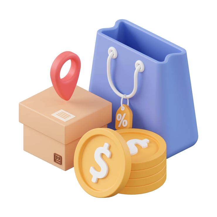 PSD borsa della spesa con scatola per pacchi e moneta illustrazione 3d del marketing di affiliazione di icon