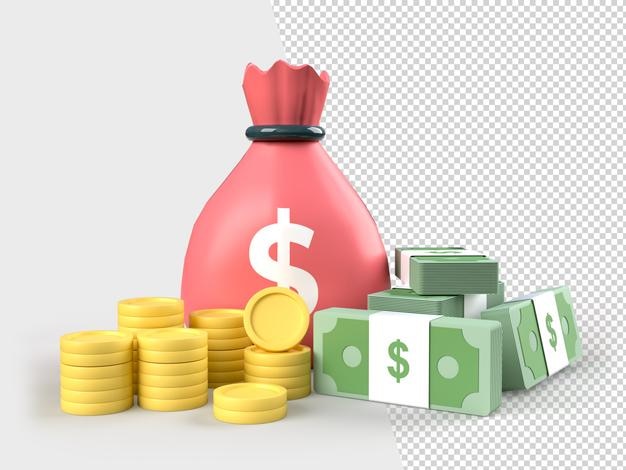 Borsa di denaro Dollari impilare denaro risparmio profitto investimento ricompensa concetto 3D renderingxA