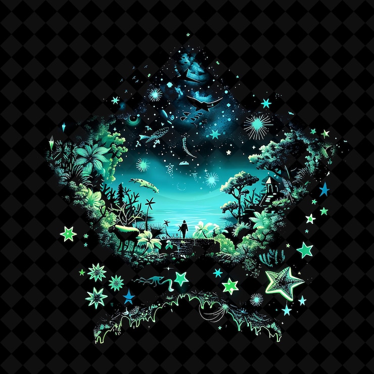 PSD bosque bioluminescente de neón radiante en una silueta en forma de estrella paisaje artístico de neón de png