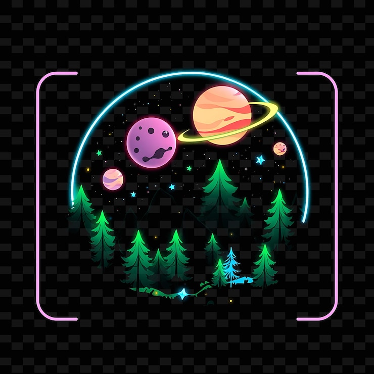 PSD bosque espacial de neón parpadeante dentro de un rectángulo de silueta planetas brillantes flotando sobre un kawaii fore