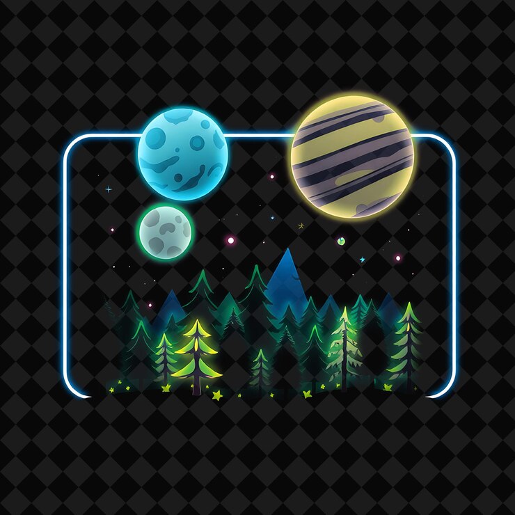 PSD bosque espacial de neón parpadeante dentro de un rectángulo de silueta planetas brillantes flotando sobre un kawaii fore