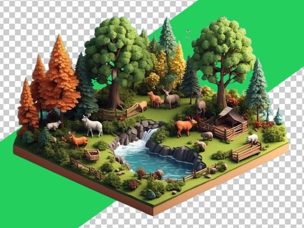 PSD bosque en miniatura de naturaleza isométrica sobre fondo blanco