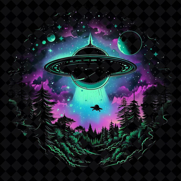 PSD bosque de nebulosa de neón futurista dentro de una nave espacial silueta paisaje artístico de neón de png