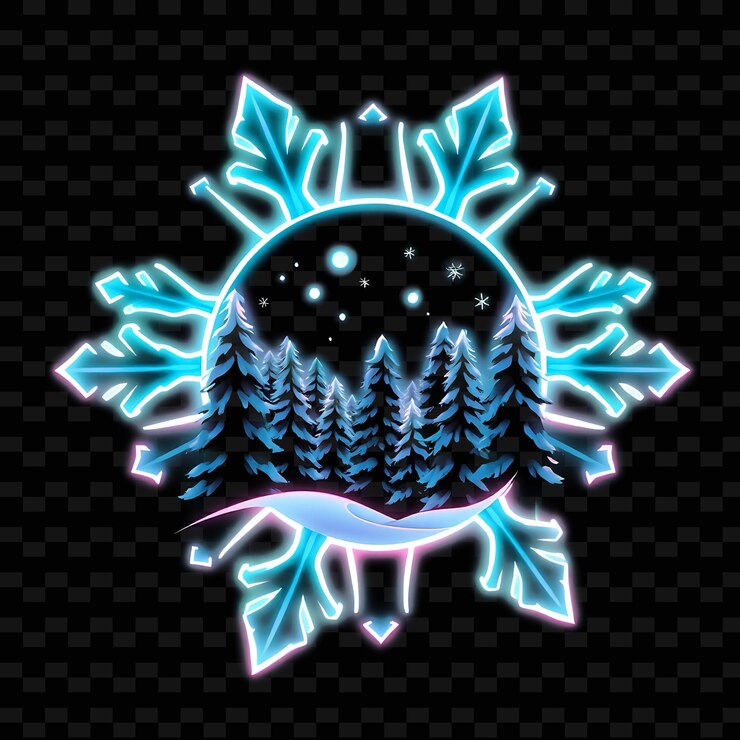 PSD el bosque nevado de neón reluciente dentro de una silueta el paisaje de copos de nieve ha congelado los árboles con un resplandor