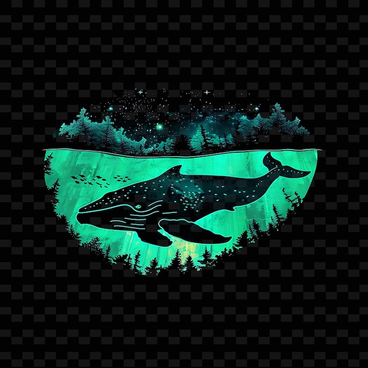 PSD bosque oceánico de neón encantado dentro de una silueta de ballena paisaje png y2k diseños inspirados en cuentos de hadas