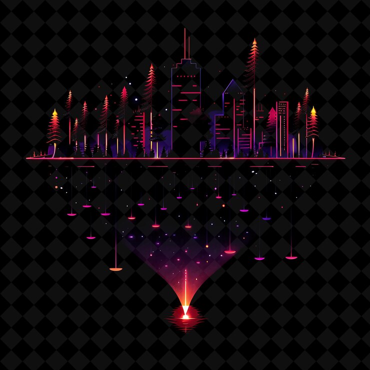 PSD el bosque de superpoblación de neón radiante dentro de una silueta paral png paisaje artístico de neón