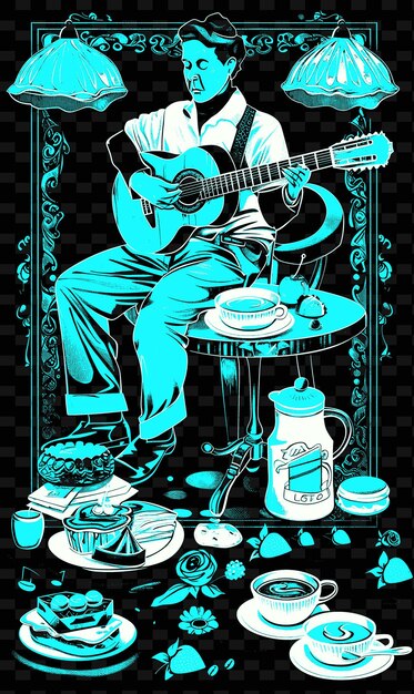 PSD bossa-nova-gitarrist spielt in einem brasilianischen café mit kaffee-vektor-illustration musik-poster-idee