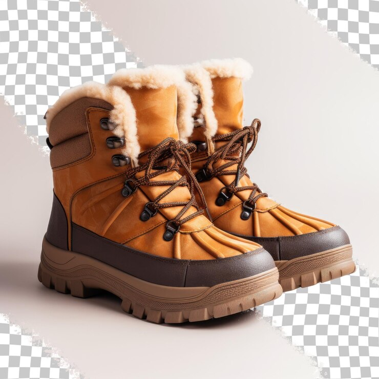 PSD bota de invierno de cuero y piel para hombre sobre un fondo transparente