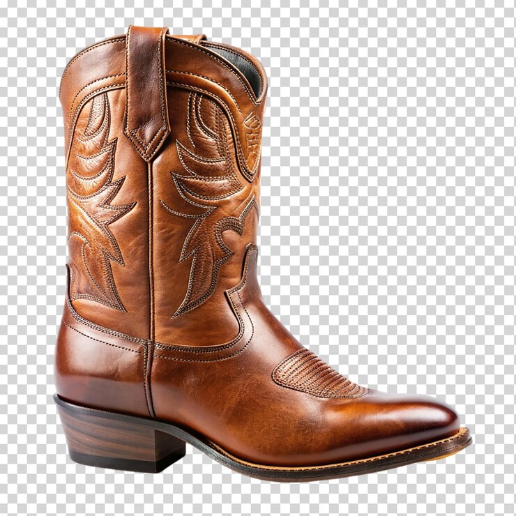 PSD una bota de vaquero de cuero marrón en un fondo transparente