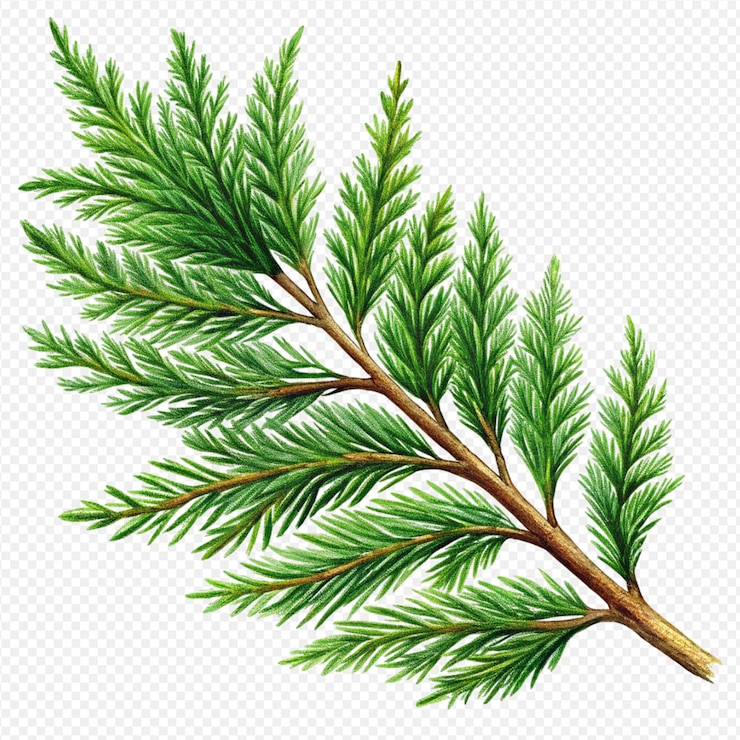 PSD botanical illustration conifer branch cypress foliage vibrant green needles