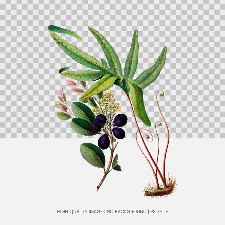 PSD botanical illustration of ferns and a flowering plant in watercolor style