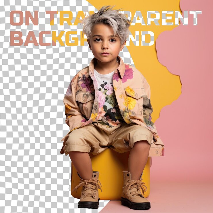 PSD botánico belleza aborigen australiano niño pequeño cabello corto tobillos cruzados fondo pastel limón