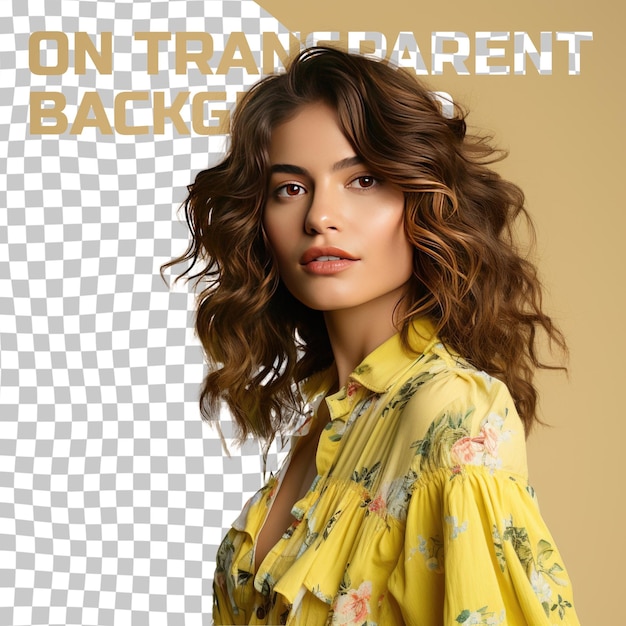 PSD botânico hispânico mulher adulta cabelo ondulado conteúdo de volta à câmera pose pastel lemon background