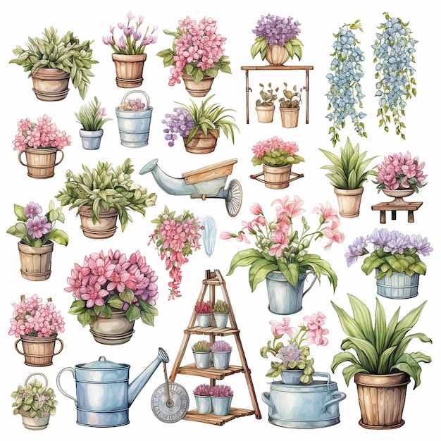 PSD botánico_jardín_clipart_sets_blanco_fondo_pastel_colores