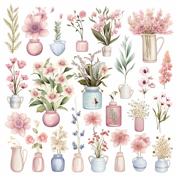 PSD botánico_jardín_clipart_sets_blanco_fondo_pastel_colores