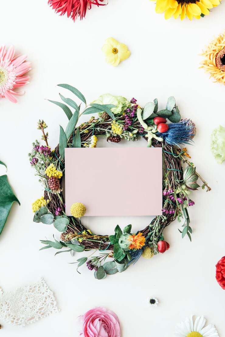 PSD botanischer kranz mit rosa kartenmodell