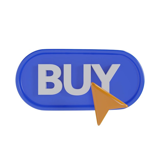 Botão de compra azul 3D com ícone de cursor laranja
