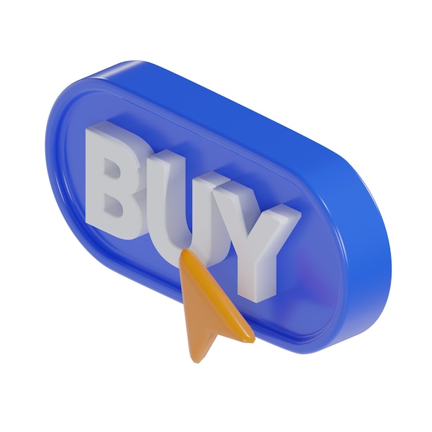 Botão de compra azul isométrico 3D com ícone de cursor laranja