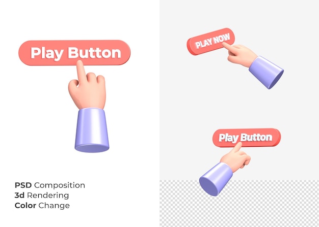PSD botão de reprodução de renderização 3d com conceito de mão