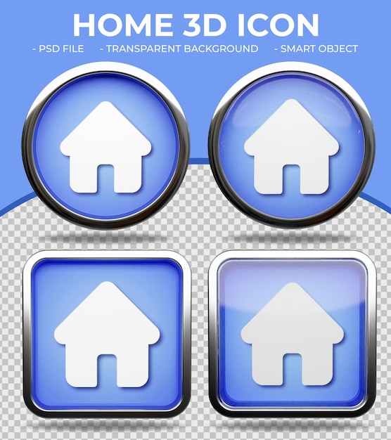 Botão de vidro azul realista brilhante redondo e quadrado 3d para casa ou ícone de endereço