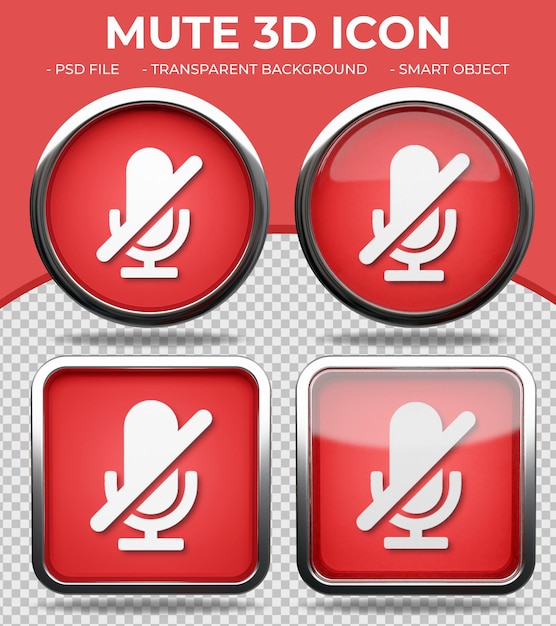 PSD botão de vidro vermelho realista ícone mudo 3d redondo e quadrado brilhante
