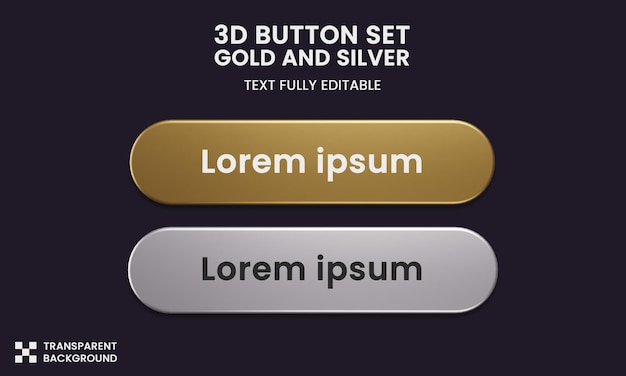 PSD botão definir estilo de cor ouro e prata em renderização 3d