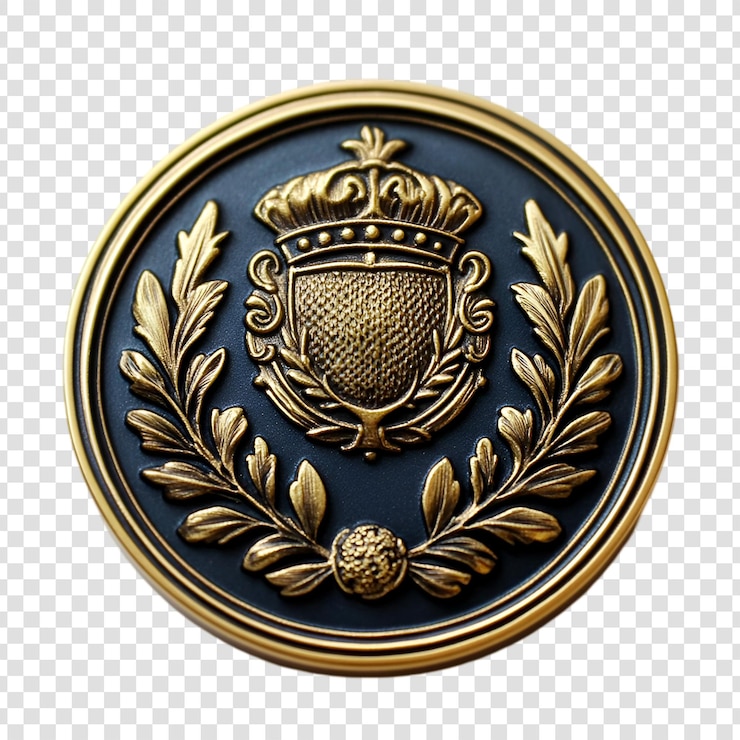 PSD botão dourado e escuro com emblema floral em fundo transparente