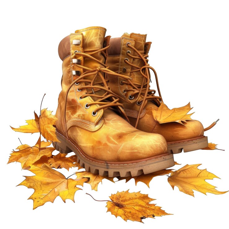 PSD botas de cuero desgastadas descansando en las hojas de otoño