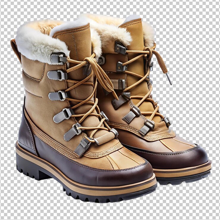 PSD botas de invierno de cuero marrón elegante con adornos de piel aislados sobre un fondo transparente